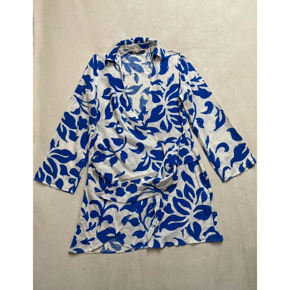 Zara Blue White Leaf Linen Blend Wrap Mini Dress XS Long Sleeve Collared